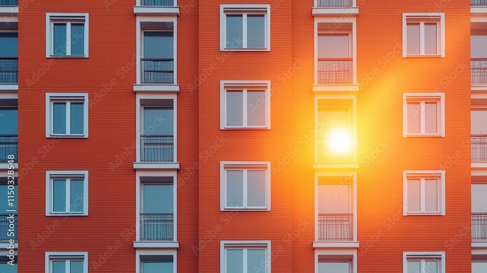 Naklejka premium Modern apartment block under construction, resident shadow in foreground, sunset backdrop, concept of new beginnings
