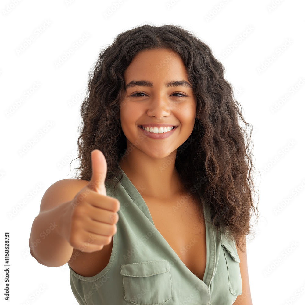 Woman Showing Thumbs Up, Smiling Brightly, Isolated On A White Background Woman Showing Thumbs Up, Smiling Brightly, Isolated On A White Background