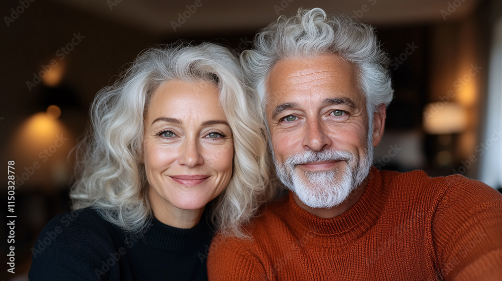 portrait of beautiful senior couple with grey wavy hair smiling at the camera again living room background portrait of beautiful senior couple with grey wavy hair smiling at the camera again living room background