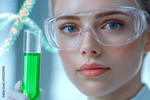 A close-up of a scientist holding a test tube containing a bright green liquid, with DNA strands holographically displayed in the background photo