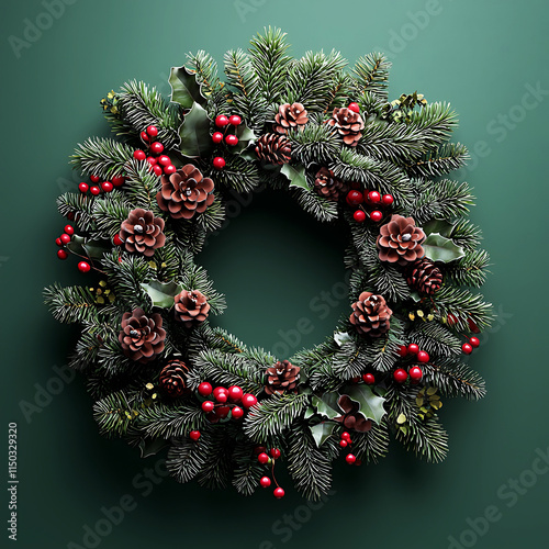 Christmas wreath on an isolated green background. Xmas decorations. Greeting card cover. AI-generated