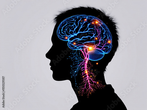 Silhouette of a human head with an illuminated brain and neural network, depicting cognitive activity.