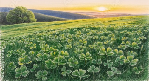 Clover carpeting a hillside pasture beneath the gentle glow of sunrise hand drawing