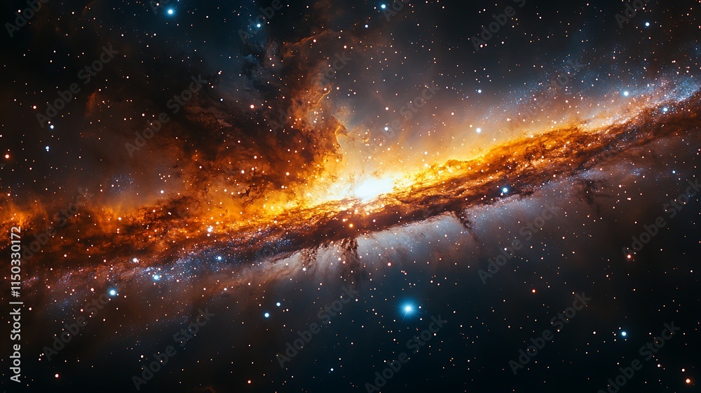 Fototapeta premium Striking spiral galaxy with luminous nucleus encircled by colorful nebula clouds wallpaper image
