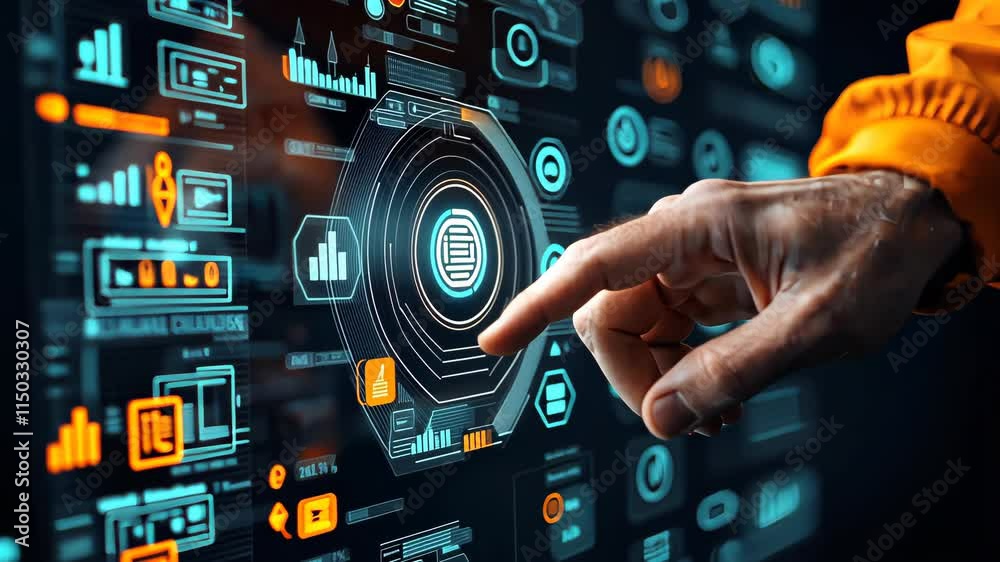 Human hand touching a futuristic digital interface with data and analytics. Human hand touching a futuristic digital interface with data and analytics.