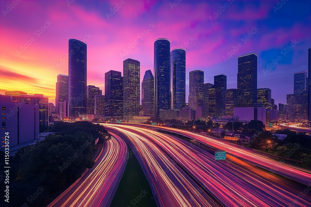 Vibrant city skyline illuminated by twilight hues with bustling traffic weaving through skyscrapers Vibrant city skyline illuminated by twilight hues with bustling traffic weaving through skyscrapers