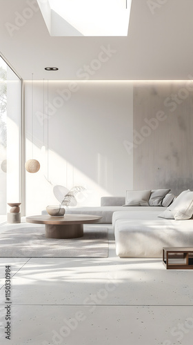 Salon minimaliste avec canapé blanc, table basse ronde et décoration épurée.