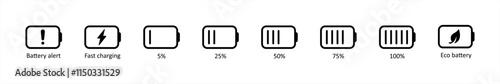 Charging battery icons set. Battery charge symbol. 0,% 25%, 50%, 75%, 100% charging indicator signs. battery power vector illustration