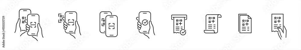 Receipt QR code icons set. Scanning code process symbol. Cashless mobile payment signs. payment, shopping, secure, money, barcode, purchase code scanning, mobile phone scanner vector illustration Receipt QR code icons set. Scanning code process symbol. Cashless mobile payment signs. payment, shopping, secure, money, barcode, purchase code scanning, mobile phone scanner vector illustration