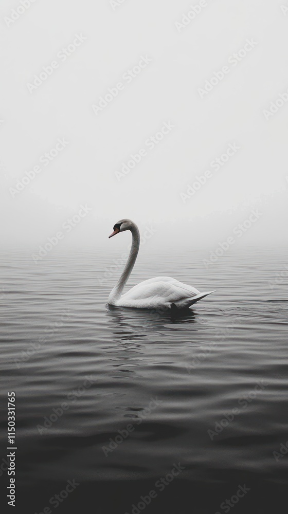 Fototapeta premium A serene swan glides through calm waters in a misty, monochromatic landscape.