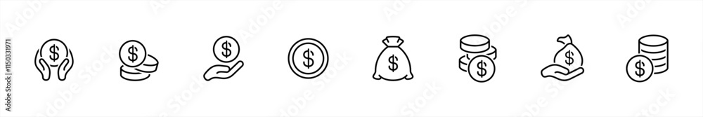 Hand with dollar coin icons set. Money bag symbol. Finance signs. Sack, containing loan, cash, saving, financial goal, profit, budget, mutual fund, earning money and revenue vector illustration. Hand with dollar coin icons set. Money bag symbol. Finance signs. Sack, containing loan, cash, saving, financial goal, profit, budget, mutual fund, earning money and revenue vector illustration.