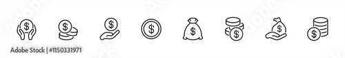 Hand with dollar coin icons set. Money bag symbol. Finance signs. Sack, containing loan, cash, saving, financial goal, profit, budget, mutual fund, earning money and revenue vector illustration.