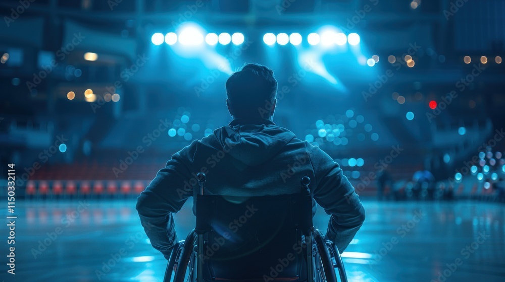 Man in wheelchair sits in a large arena, watching a show on stage. Man in wheelchair sits in a large arena, watching a show on stage.