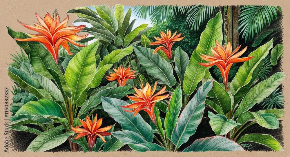 Fototapeta premium Maranta leaves surrounding vibrant flowers in a lush tropical garden hand drawing