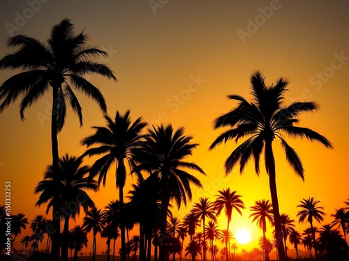 Silhouette of palm trees at golden sunset, with orange sky, nature concepts, backgrounds