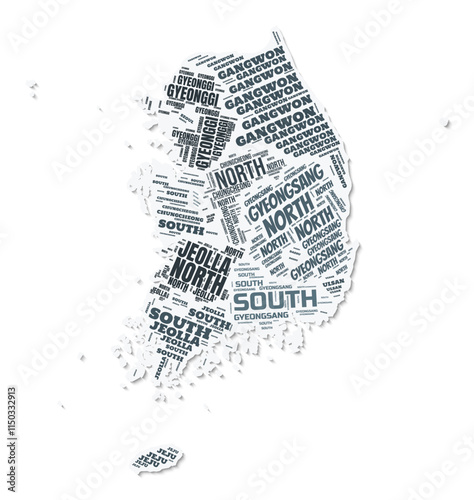 Republic of Korea shape text cloud. Country border with shadow on white background. Republic of Korea with regions division in vintage gazette style. Stylish vector illustration.