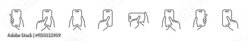 Hands holding mobile phone line icons set. Smartphone held by two hands symbol. Finger touching blank screen signs. Hand holding a smartphone flat vector illustration