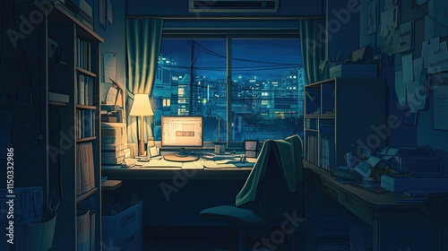 Night City View Seen From Anime-Style Room Desk at Night with Bookshelves and Papers