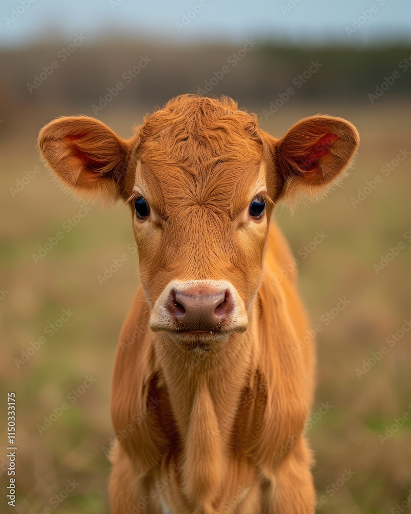 Adorable calf with brown fur and big eyes stares forward in a field. Adorable calf with brown fur and big eyes stares forward in a field.