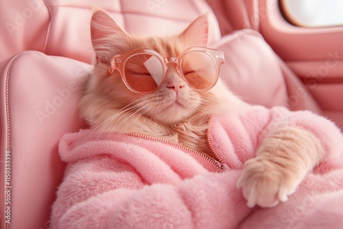 Capture the essence of feline fashion with this stylish cat donning oversized sunglasses in a chic portrait This modern art-inspired composition features a cat reclining in a pink seat, creating an photo