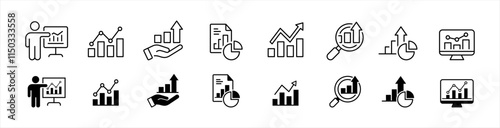 Finance icons set. Money income thin line symbol. Financial analysis data signs. Containing loan, profit, financial goal, growth, statistic, fund, pay, earning money and revenue vector illustration.