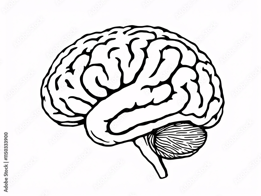 Black and white illustration of the human brain, side view, detailed anatomy. Black and white illustration of the human brain, side view, detailed anatomy.