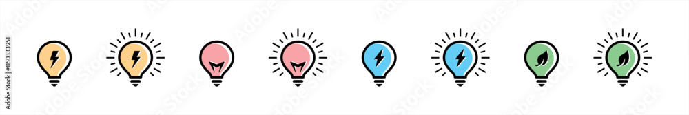 Light bulb icons set. Leaf and lightning inside symbol. Sustainable ecological energy signs. Go green, thunderbolt, lightning bolt vector illustration