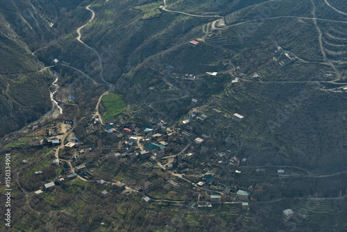 Russia. North-eastern Caucasus. The Republic of Dagestan. A dizzying panoramic view of mountain serpentines on the slopes of the Sulak canyon from the steep cliffs of the village of Dubki. photo