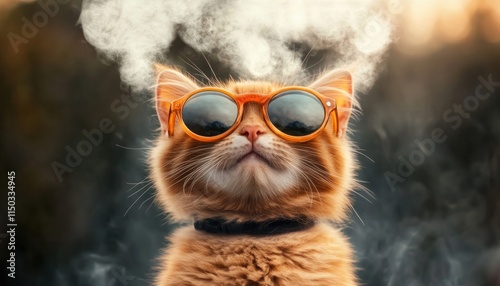 Creative cat with fashion sunglasses, a whimsical blend of humor and modern style Discover the perfect image of an orange feline with smoking effects, wearing cool round shades This funny cat