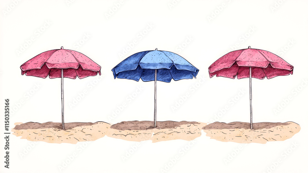 Obraz premium Three beach umbrellas on sand.