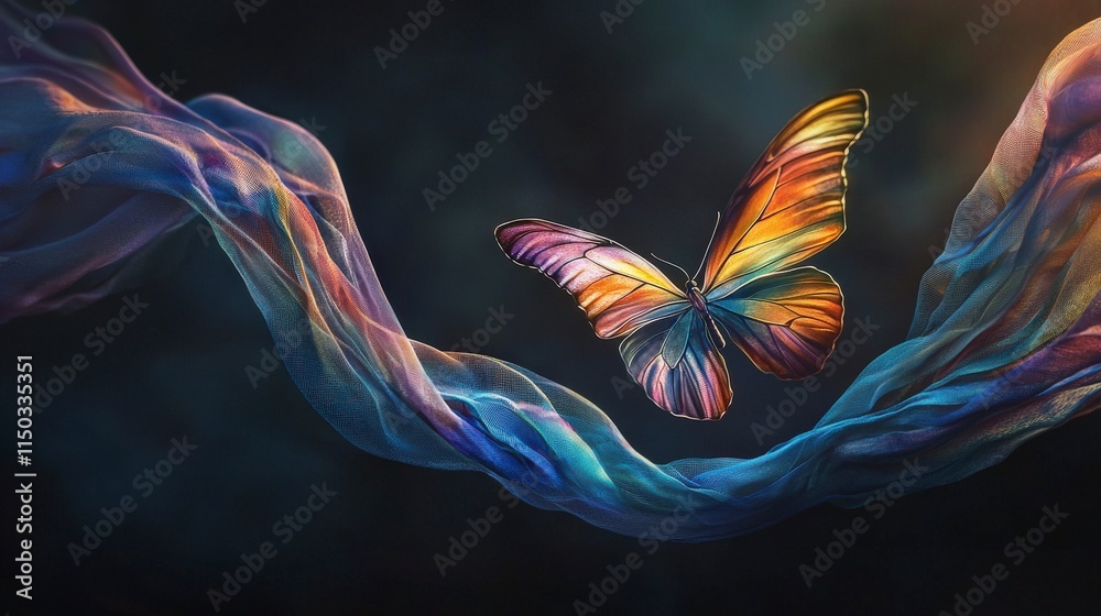 Fototapeta premium Captivating concept of a colorful butterfly soaring amidst surreal fabric ribbons in a dreamlike background