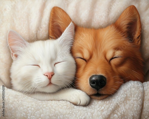 Discover the serene and heartwarming image of a harmonious cat and dog asleep in a serene cuddle, calm and nurturing This beautiful artwork captures the bond between feline and canine friends This photo