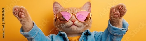 Discover this Fashionable cat wearing bold sunglasses showcasing an expressive personality in pose This adorable feline is sporting stylish pink shades and a blue denim jacket, with a vibrant orange