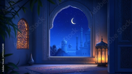 Mosque window at night and eid mubarak greeting near crescent and lantern. Ramadan kareem or Eid ul Fitr, ul Adha card background with fanous and moon