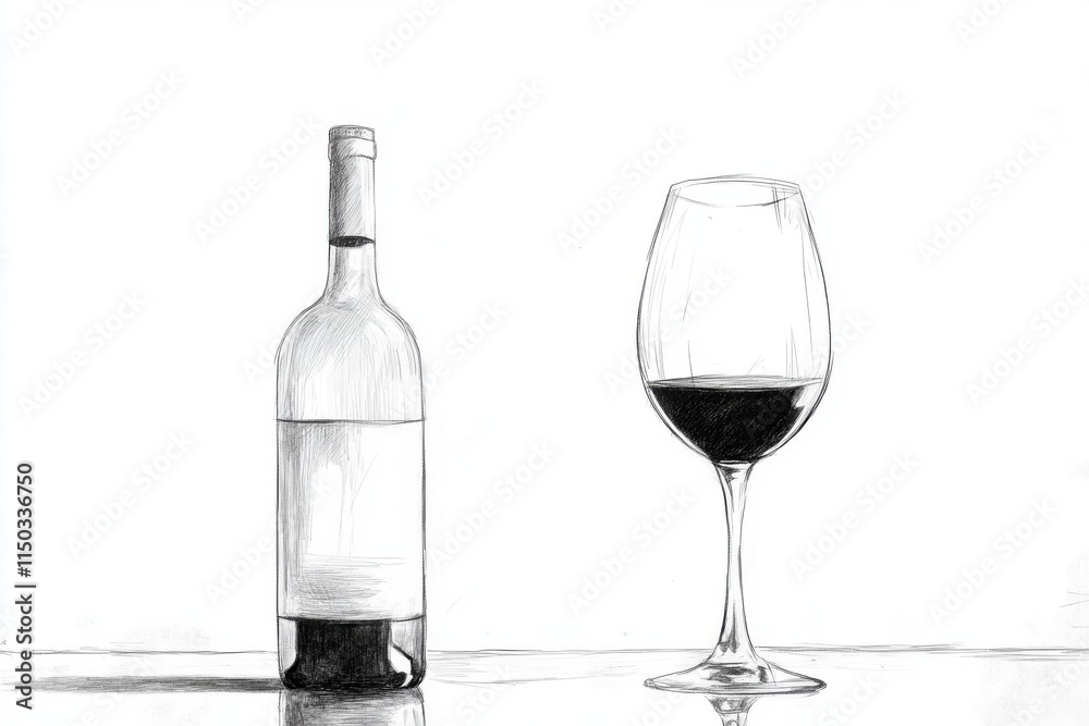 Minimalistic wine glass and bottle illustration for modern dining décor Minimalistic wine glass and bottle illustration for modern dining décor