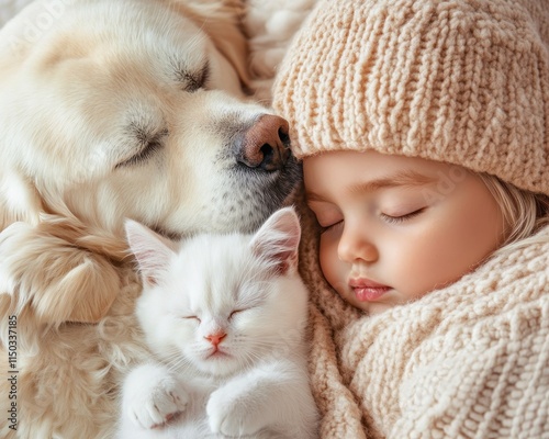 Experience the heartwarming sight of a golden retriever and a white kitten, resting peacefully alongside a sleeping toddler, their loving connection evident in this beautiful display of interspecies