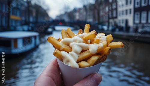 Tourist Indulges In Popular Street Food - French Fries With Mayonnaise In Amsterdam, Netherlands. Known Locally As Patatje Oorlog. photo