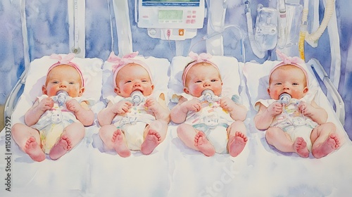 Watercolor Painting of Quadruplet Baby Girls in Hospital