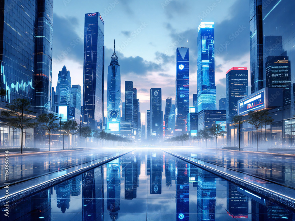 Futuristic cityscape with skyscrapers reflecting in water at dusk, showcasing advanced technology. Futuristic cityscape with skyscrapers reflecting in water at dusk, showcasing advanced technology.