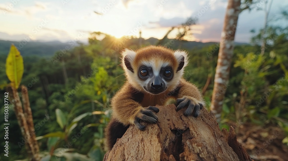 Obraz premium Explore intimate lemur interactions within a vibrant tropical forest habitat, revealing fascinating behaviors of these unique creatures Observe the delicate ecological harmony through rich