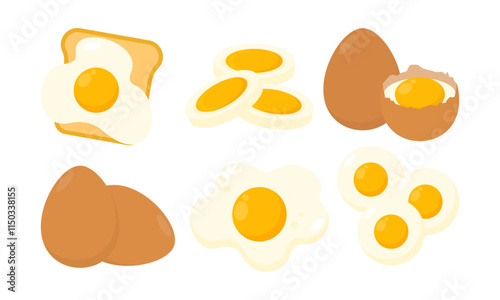 Set of Eggs Flat Illustration. Organic Farm Eggs in Different Forms. Cooked Eggs, Boiled, Fried, Raw and Pan Eggs Collection