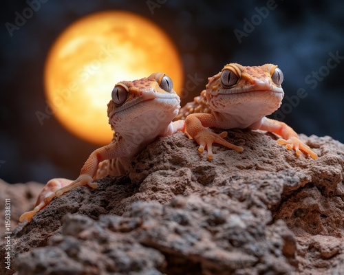 Explore the nocturnal world with these captivating images of geckos climbing on textured stone walls under moonlight, showcasing their natural agility Observe these amazing reptiles as they navigate photo