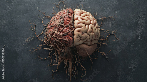 A surreal depiction illustrates a human brain connected to the earth by roots and plants, symbolizing decay and cognitive decline as seen in dementia photo