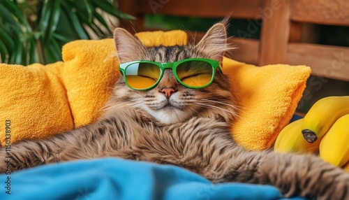 Retro cat in fun, colorful sunglasses, humorous summer energy This tabby feline is the epitome of relaxation Picture a cool, retro cat sporting lime-green shades, lounging on plush yellow cushions