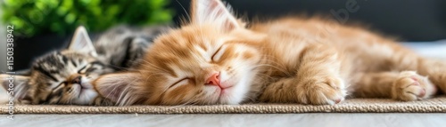 Two adorable kittens snuggling close together, enjoying their nap on a soft mat, epitomizing warmth and family ties The fluffy ginger kitten and the tabby cat are fast asleep These sleeping kitties photo