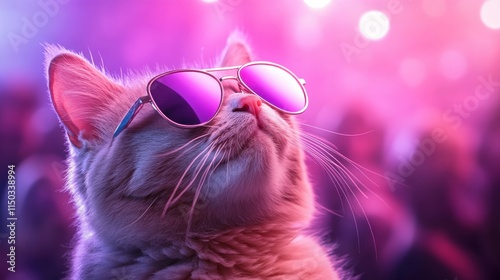 Unleash the purr-fectly hilarious side of feline fashion with this funny hipster cat donning comically oversized sunglasses, radiating playful energy This adorable kitten's vibrant personality shines photo