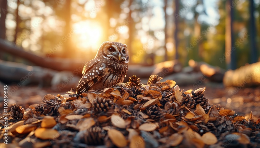 Fototapeta premium Witness the enchanting dance of an owl shadow cast on forest floor, blending seamlessly with the serene woodland environment This silent hunter in action is a master of camouflage, its presence felt