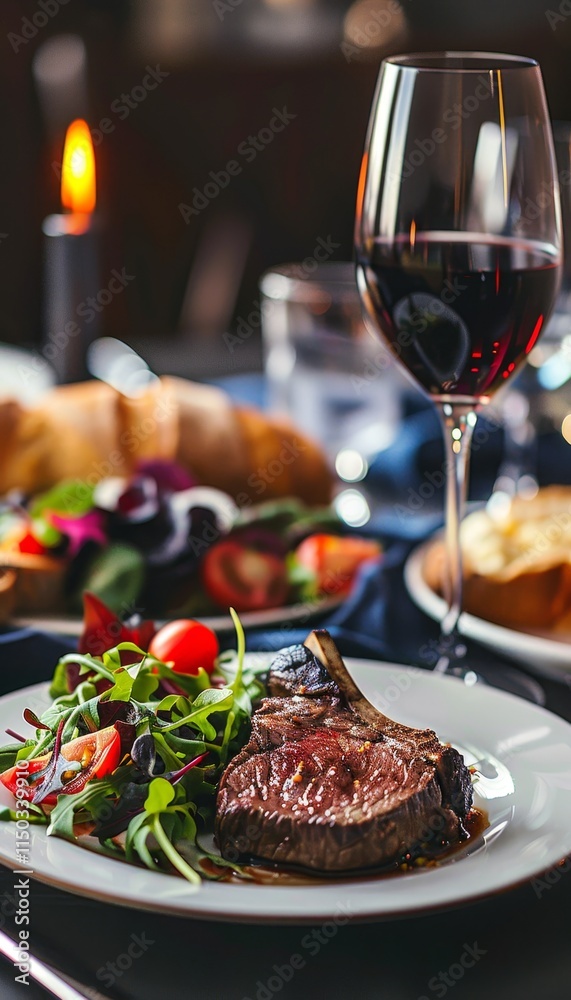 Elegant low angle view of a luxurious hotel dinner featuring beef, bread, salad, and wine Elegant low angle view of a luxurious hotel dinner featuring beef, bread, salad, and wine