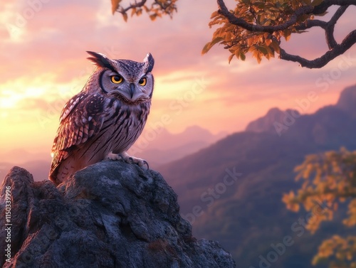 Witness the majestic beauty of a predator owl perched above a cliff, a moonlit silhouette casting a sharp and commanding presence against the vibrant sunset This captivating image showcases nature's photo