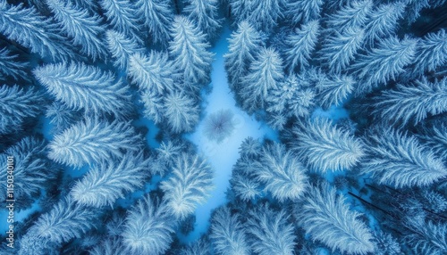 Top View Of Snow-Covered Winter Forest With Pine And Spruce Trees: Drone Photo Capturing Moody Blue Tones And Cold Wilderness. Quadcopter Over Woods. photo
